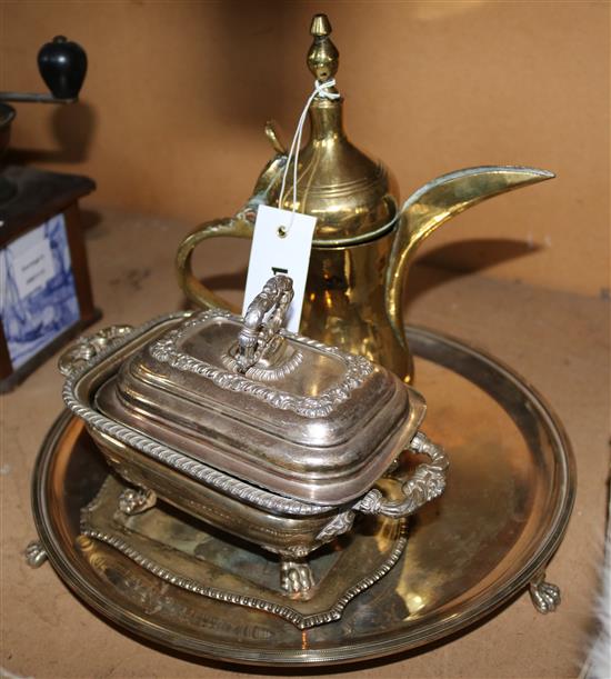 Plated salver, tureen & brass jug